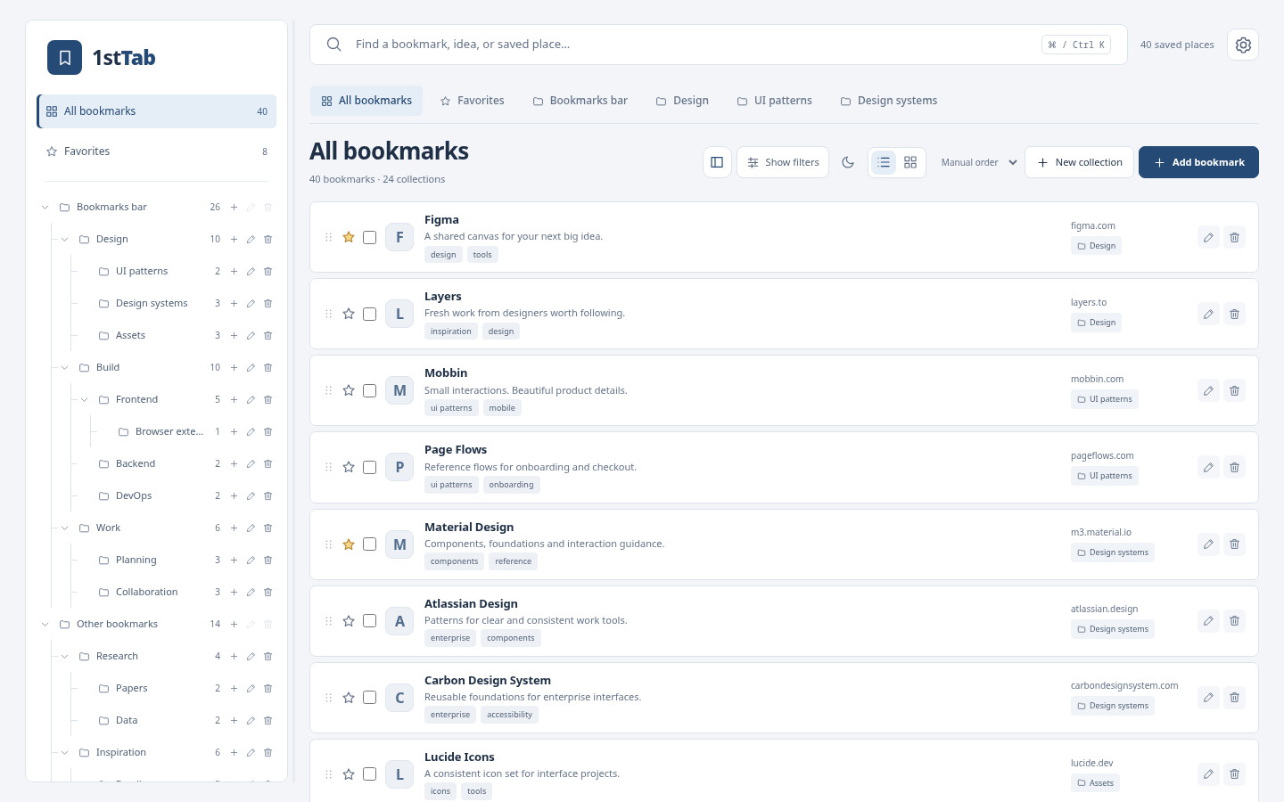 1stTab v2 list view with a nested folder tree, bookmark tags, search and compact rows