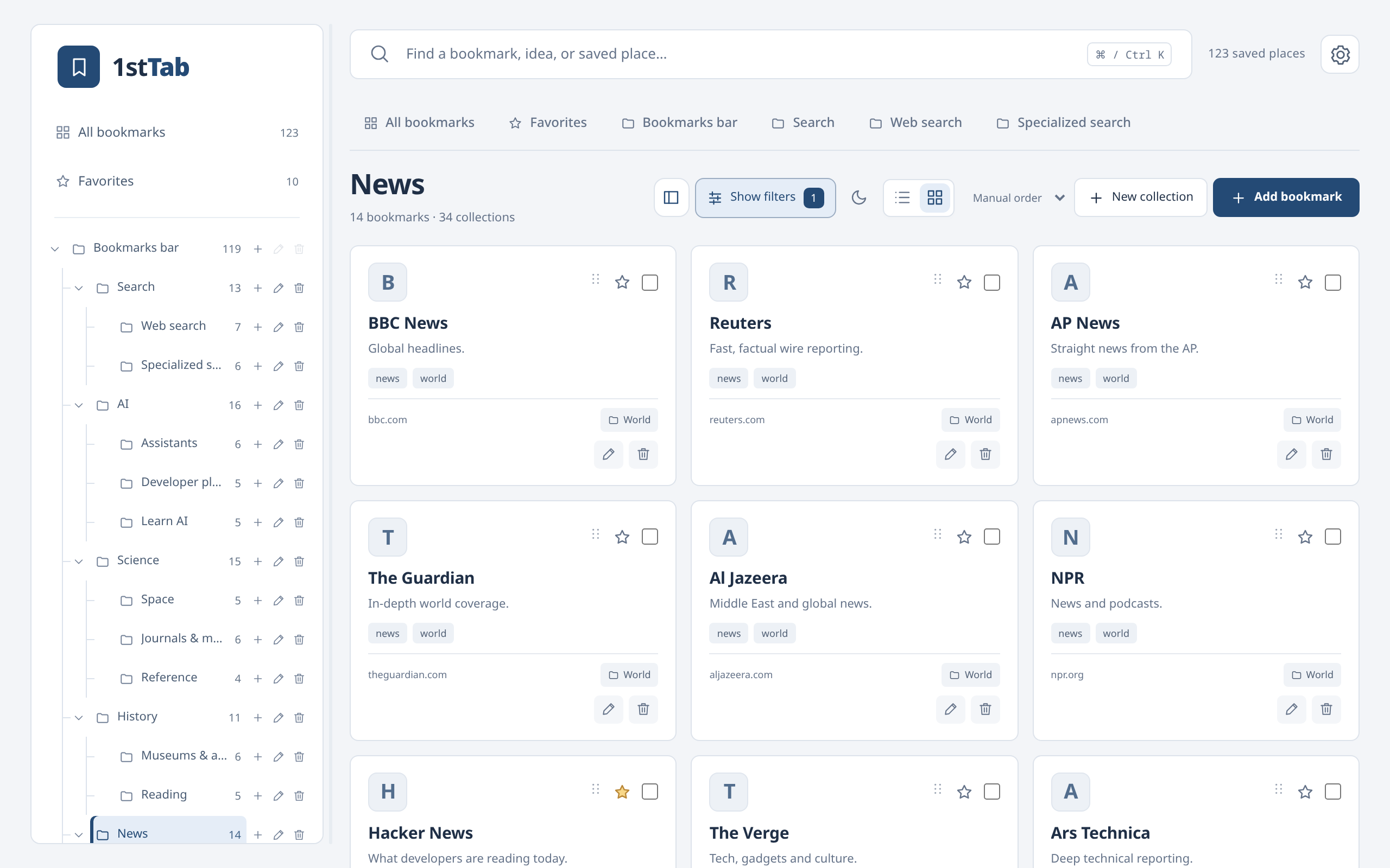 1stTab News collection in card view with Rectangle cards