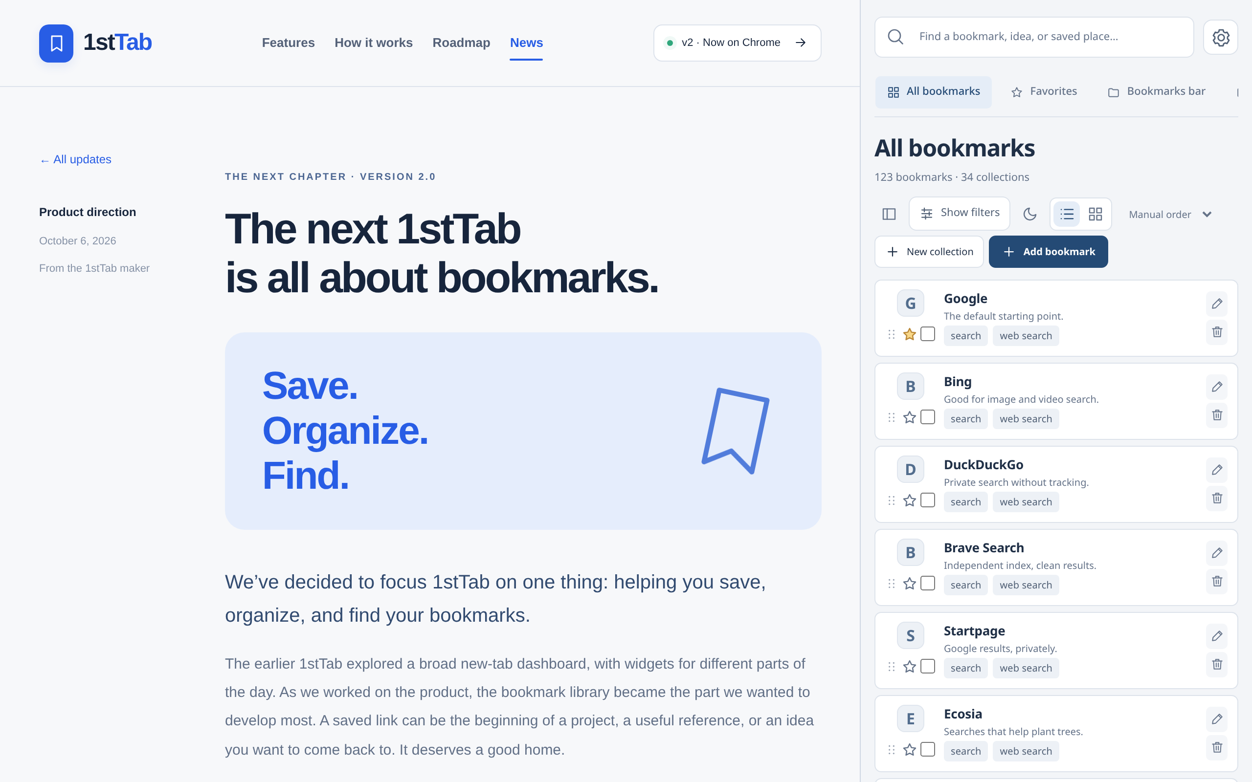 1stTab open in Chrome’s side panel beside an article, listing bookmarks with notes and tags