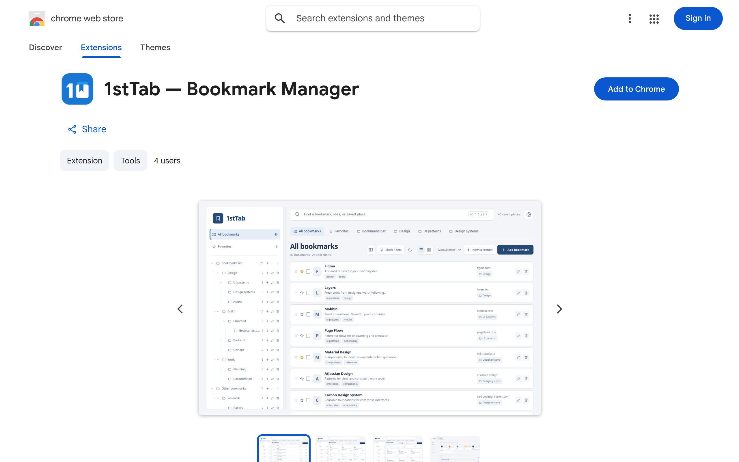 The 1stTab — Bookmark Manager listing on the Chrome Web Store, with the Add to Chrome button and product screenshots