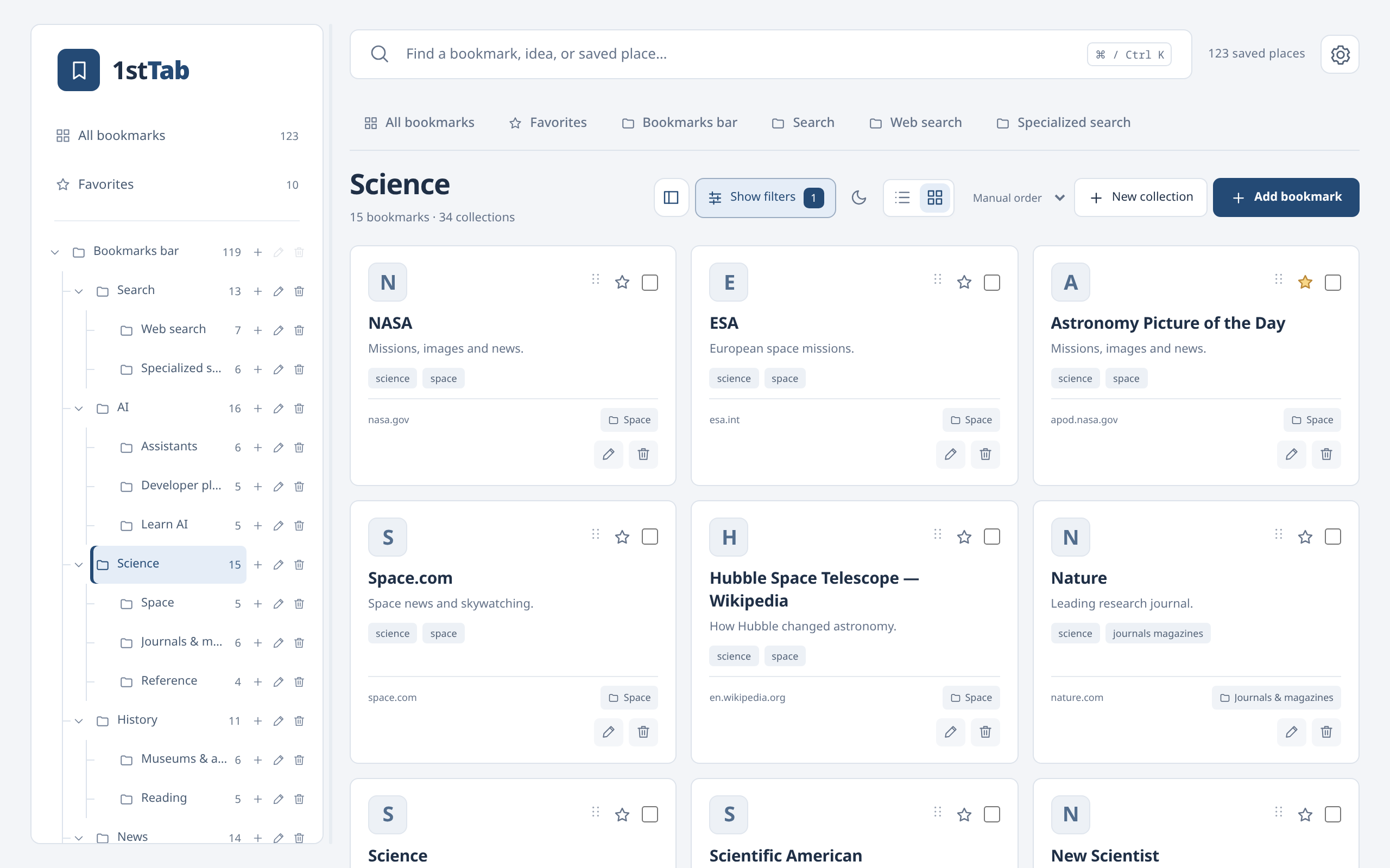 1stTab library in the Enterprise theme, Light mode, showing the Science collection as cards
