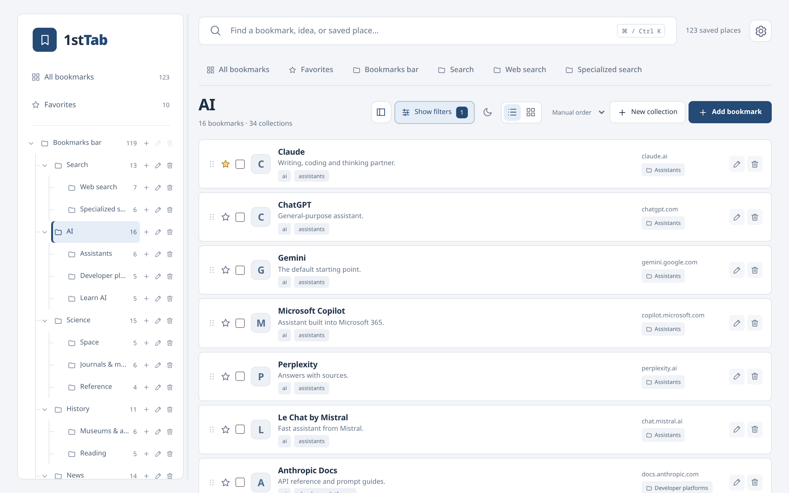 1stTab AI collection with List view, Comfortable spacing, Notes shown